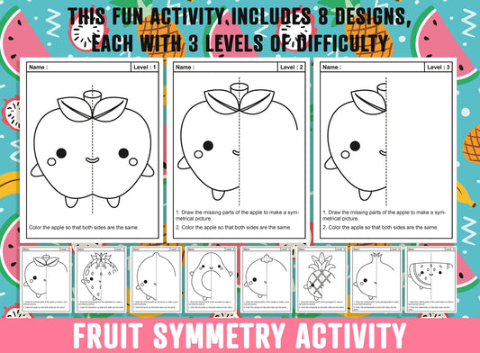 Fruit Symmetry Worksheet, Fruit Theme Lines of Symmetry Activity, 24 Pages, Includes 8 Designs, Each With 3 Levels of Difficulty