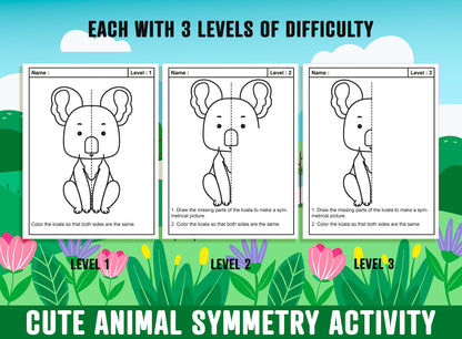 Cute Animal Symmetry Worksheet, Cute Animal Theme Lines of Symmetry Activity, 24 Pages, Includes 8 Designs, Each With 3 Levels of Difficulty