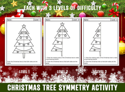 Christmas Tree Symmetry Worksheet, Christmas Trees Theme Lines of Symmetry Activity, 24 Pages, 8 Designs, Each With 3 Levels of Difficulty