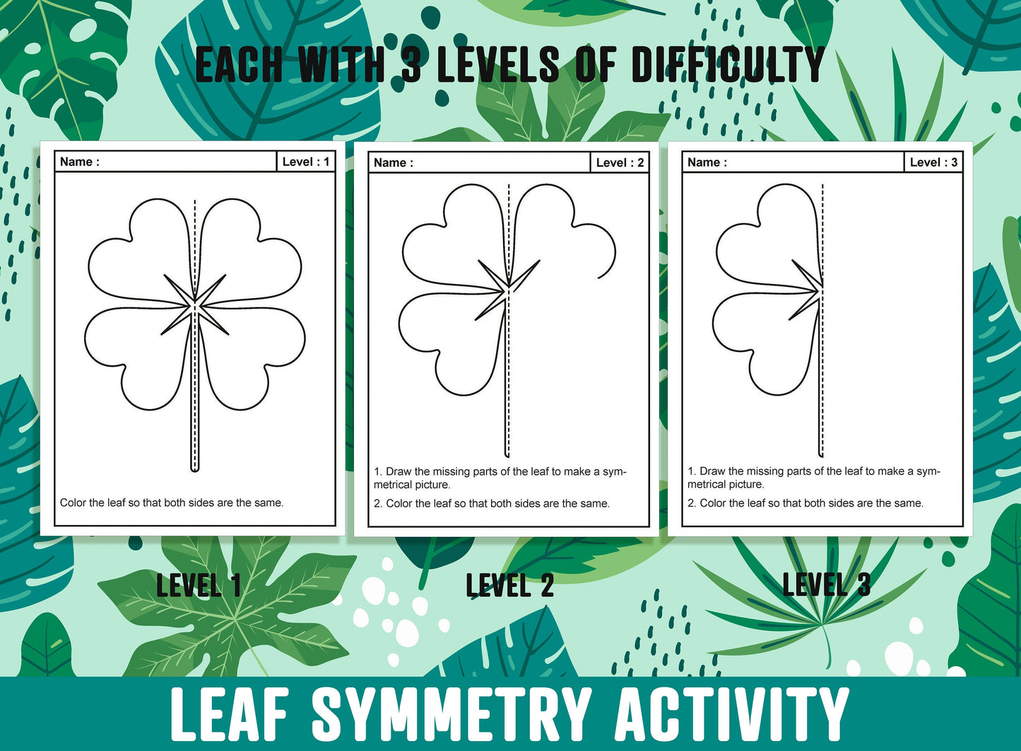 Leaf Symmetry Worksheet, Leaves Theme Lines of Symmetry Activity, 24 Pages, Includes 8 Designs, Each With 3 Levels of Difficulty, Art & Math