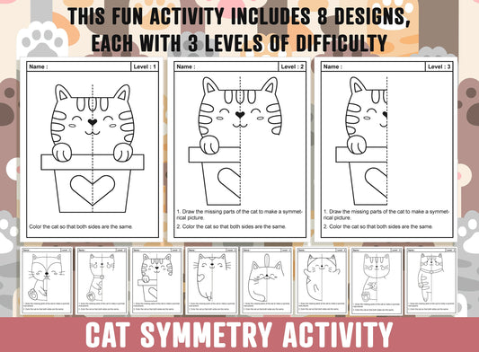 Cat Symmetry Worksheet, Kitten Theme Lines of Symmetry Activity, 24 Pages, Includes 8 Designs, Each With 3 Levels of Difficulty, Art & Math