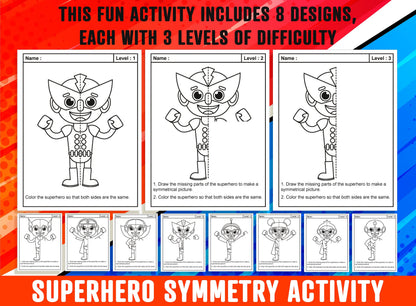Superhero Symmetry Worksheet, Superhero Theme Lines of Symmetry Activity, 24 Pages, Includes 8 Designs, Each With 3 Levels of Difficulty