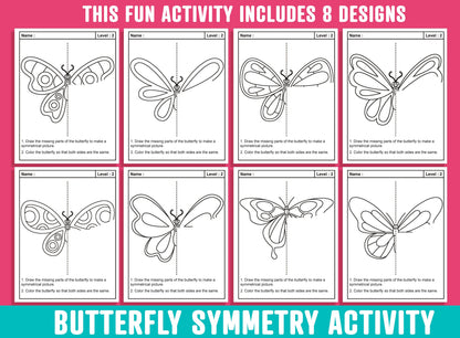 Butterfly Symmetry Worksheet, Butterfly Theme Lines of Symmetry Activity, 24 Pages, Includes 8 Designs, Each With 3 Levels of Difficulty