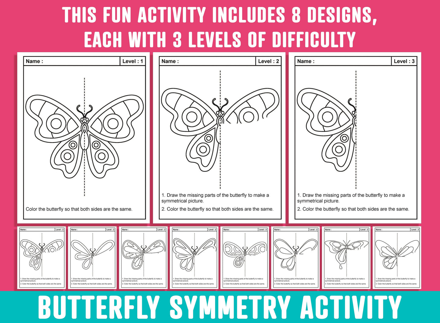 Butterfly Symmetry Worksheet, Butterfly Theme Lines of Symmetry Activity, 24 Pages, Includes 8 Designs, Each With 3 Levels of Difficulty