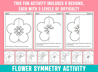 Flower Symmetry Worksheet, Sakura Flower Theme Lines of Symmetry Activity, 24 Pages, Includes 8 Designs, Each With 3 Levels of Difficulty