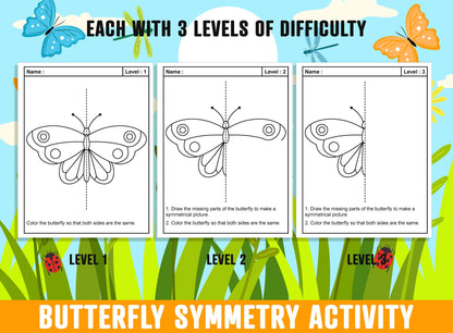 Butterfly Symmetry Art, Spring/Summer Butterfly Theme Lines of Symmetry Activity, 24 Pages, 8 Designs, Each With 3 Levels of Difficulty