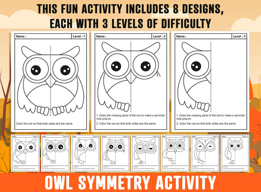 Owl Symmetry Worksheet, Owl Theme Lines of Symmetry Activity, 24 Pages, Includes 8 Designs, Each With 3 Levels of Difficulty, Fall, Autumn