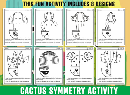 Cactus Symmetry Worksheet, Cactus Theme Lines of Symmetry Activity, 24 Pages, Includes 8 Designs, Each With 3 Levels of Difficulty