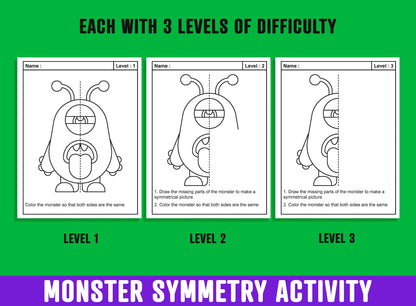 Monsters Symmetry Activities, Monster Theme Lines of Symmetry Activity, 24 Pages, 8 Designs, Each With 3 Levels of Difficulty/Math Worksheet