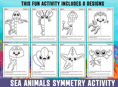 Sea Animals Symmetry Worksheet, Sea Animals Theme Lines of Symmetry Activity, 24 Pages, Includes 8 Designs, Each With 3 Levels of Difficulty