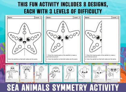Sea Animals Symmetry Worksheet, Sea Animals Theme Lines of Symmetry Activity, 24 Pages, Includes 8 Designs, Each With 3 Levels of Difficulty