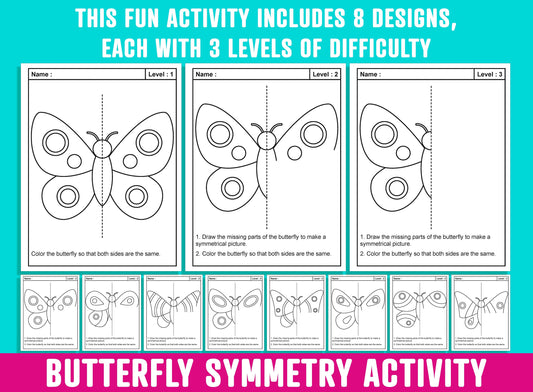 Butterfly Symmetry Activity, Butterflies Line of Symmetry Activity, 24 Pages, 8 Designs, Each With 3 Levels of Difficulty, Math/Art Center