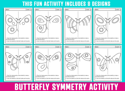Butterfly Symmetry Activity, Butterflies Line of Symmetry Activity, 24 Pages, 8 Designs, Each With 3 Levels of Difficulty, Math/Art Center
