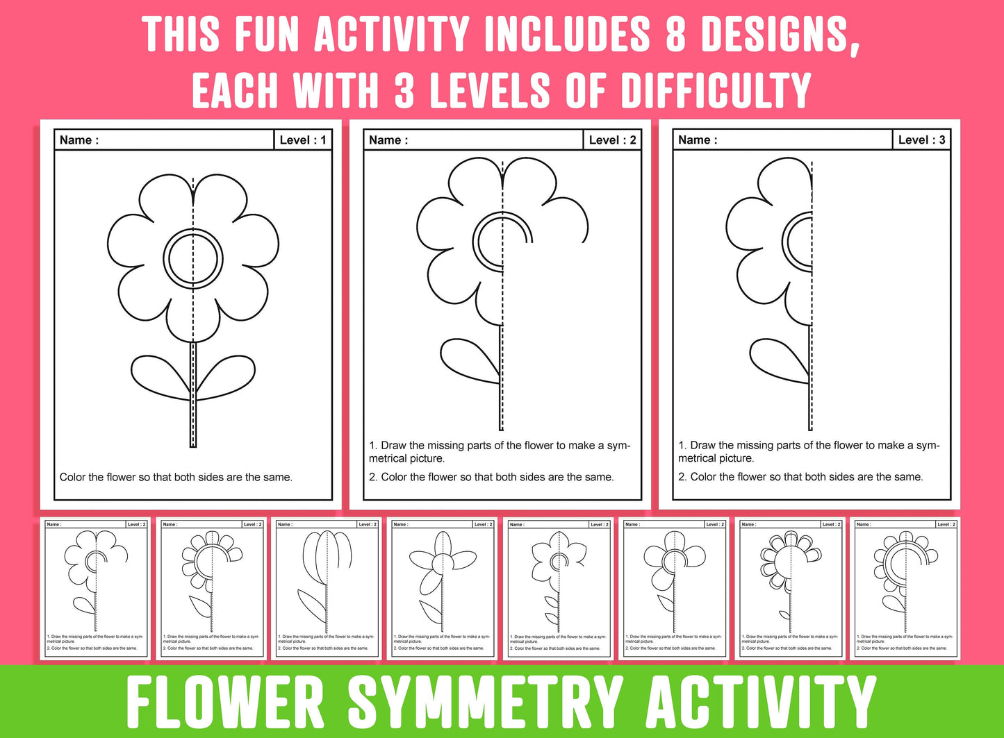 Flower Line of Symmetry, Spring/Summer Flower Symmetry Activity, 24 Pages, 8 Designs, Each With 3 Levels of Difficulty, Math Art Activities