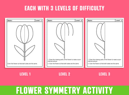Flower Line of Symmetry, Spring/Summer Flower Symmetry Activity, 24 Pages, 8 Designs, Each With 3 Levels of Difficulty, Math Art Activities