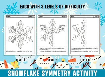 Snowflake Symmetry Activity, Snowflake Line of Symmetry, 24 Pages, 8 Designs, Each With 3 Levels of Difficulty, Winter Math & Art Activities