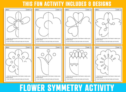 Flower Activities, Lines Of Symmetry, Spring/Summer Flower Symmetry Activity, 24 Pages/8 Designs, Each With 3 Levels of Difficulty, Math/Art