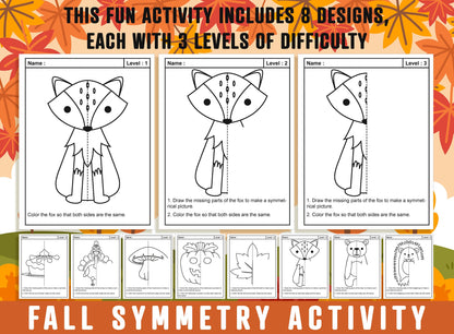 Fall Symmetry Worksheet, Autumn, Halloween, Thanksgiving Lines of Symmetry Activity, 24 Pages, 8 Designs, Each With 3 Levels of Difficulty