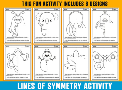 Lines of Symmetry Activity, 24 Pages/8 Designs, Each With 3 Levels of Difficulty, Math Art Activity, Symmetry Drawing and Coloring Activity