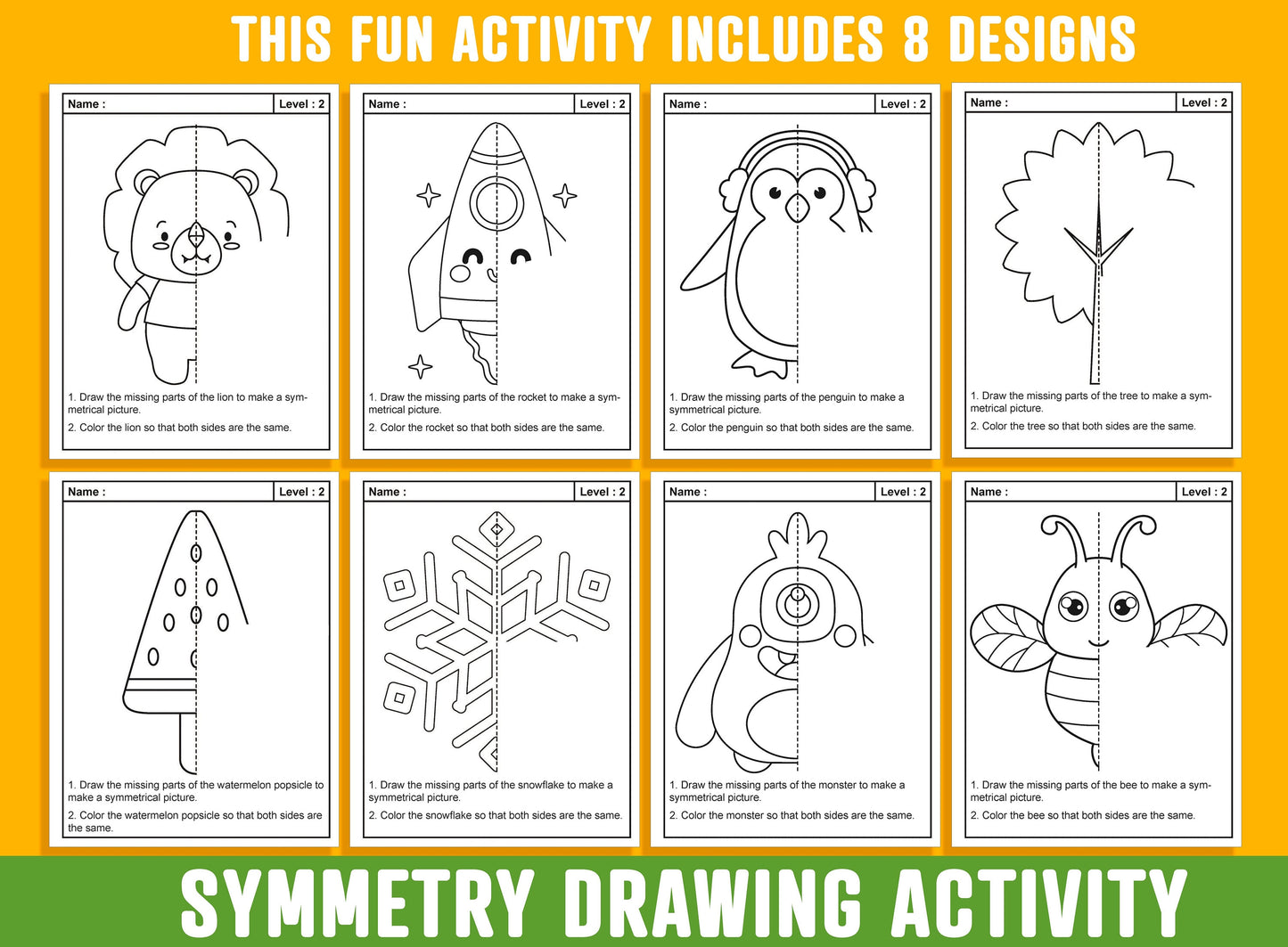 Symmetry Drawing, Lines of Symmetry Activity, 24 Pages/8 Designs, Each With 3 Levels of Difficulty, Math Art, Symmetry Drawing & Coloring