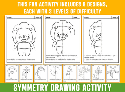 Symmetry Drawing, Lines of Symmetry Activity, 24 Pages/8 Designs, Each With 3 Levels of Difficulty, Math Art, Symmetry Drawing & Coloring