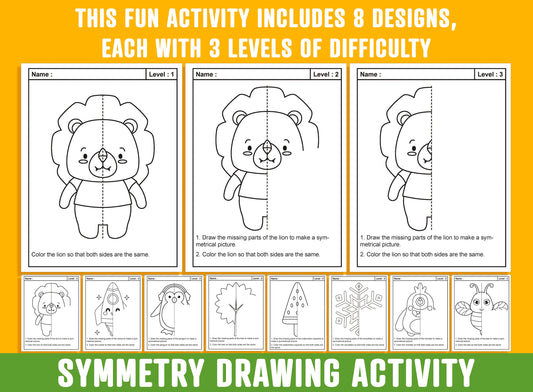 Symmetry Drawing, Lines of Symmetry Activity, 24 Pages/8 Designs, Each With 3 Levels of Difficulty, Math Art, Symmetry Drawing & Coloring