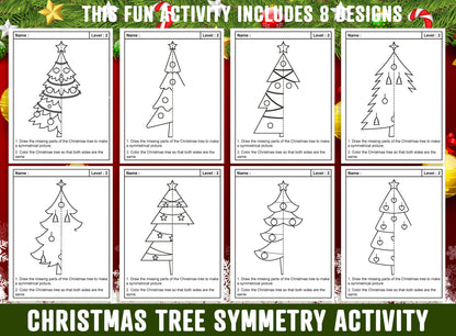 Christmas Tree Symmetry Worksheet, Christmas Trees Theme Lines of Symmetry Activity, 24 Pages, 8 Designs, Each With 3 Levels of Difficulty