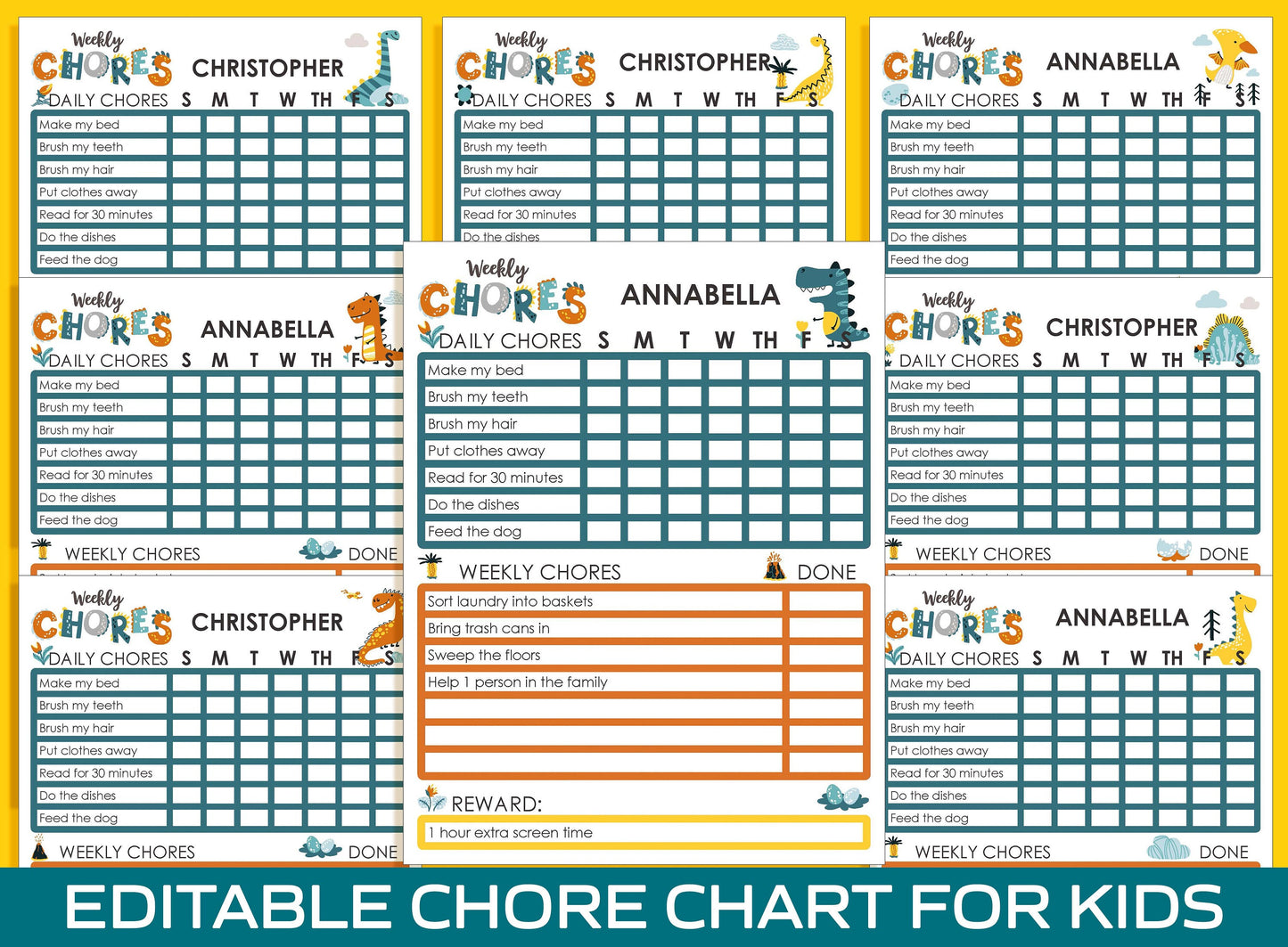 Chore Chart for Kids - Dino, Printable/Editable Chore Chart for Kids, Child Responsibility, Boys & Girls To Do List, Reward Chart, Routine