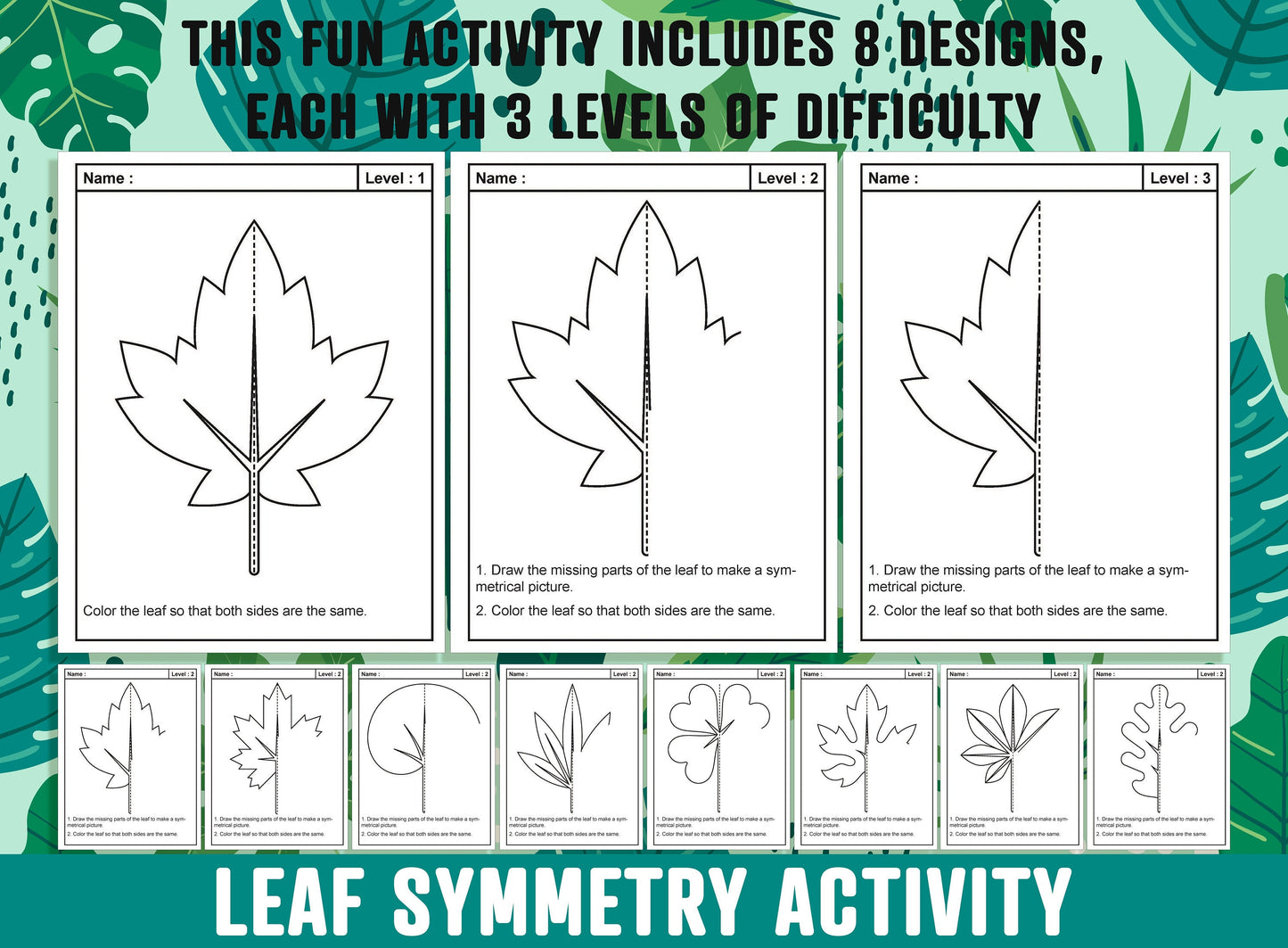 Leaf Symmetry Worksheet, Leaves Theme Lines of Symmetry Activity, 24 Pages, Includes 8 Designs, Each With 3 Levels of Difficulty, Art & Math