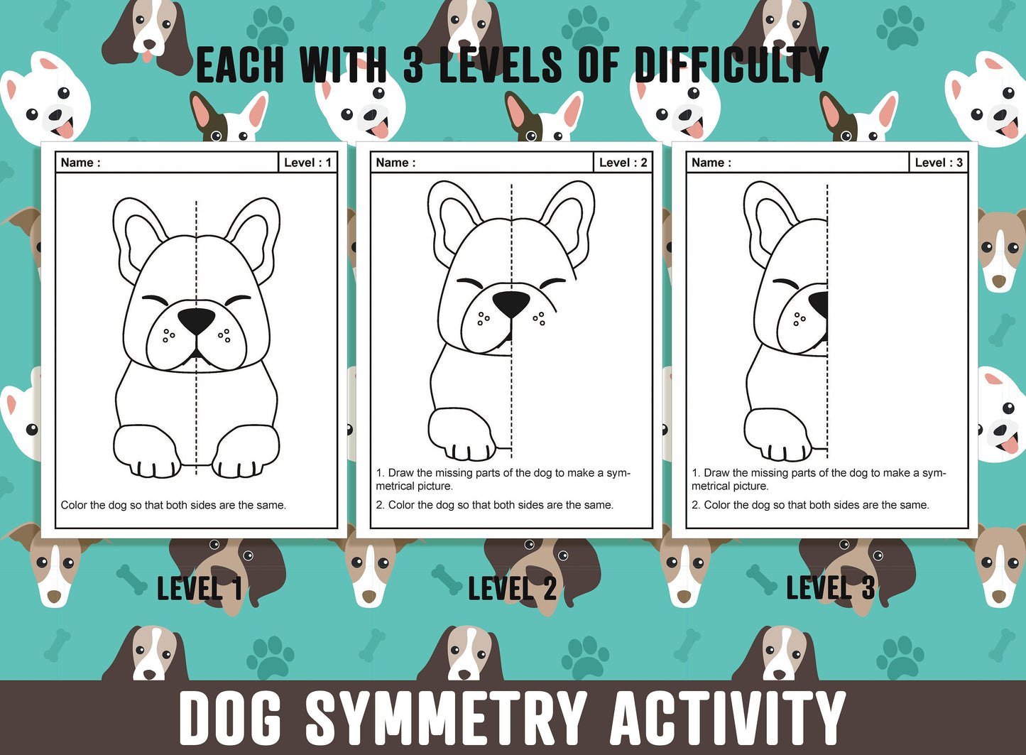 Dog Symmetry Worksheet, Puppy Theme Lines of Symmetry Activity, 24 Pages, Includes 8 Designs, Each With 3 Levels of Difficulty, Art & Math
