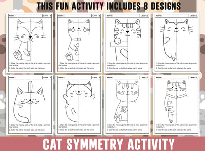 Cat Symmetry Worksheet, Kitten Theme Lines of Symmetry Activity, 24 Pages, Includes 8 Designs, Each With 3 Levels of Difficulty, Art & Math