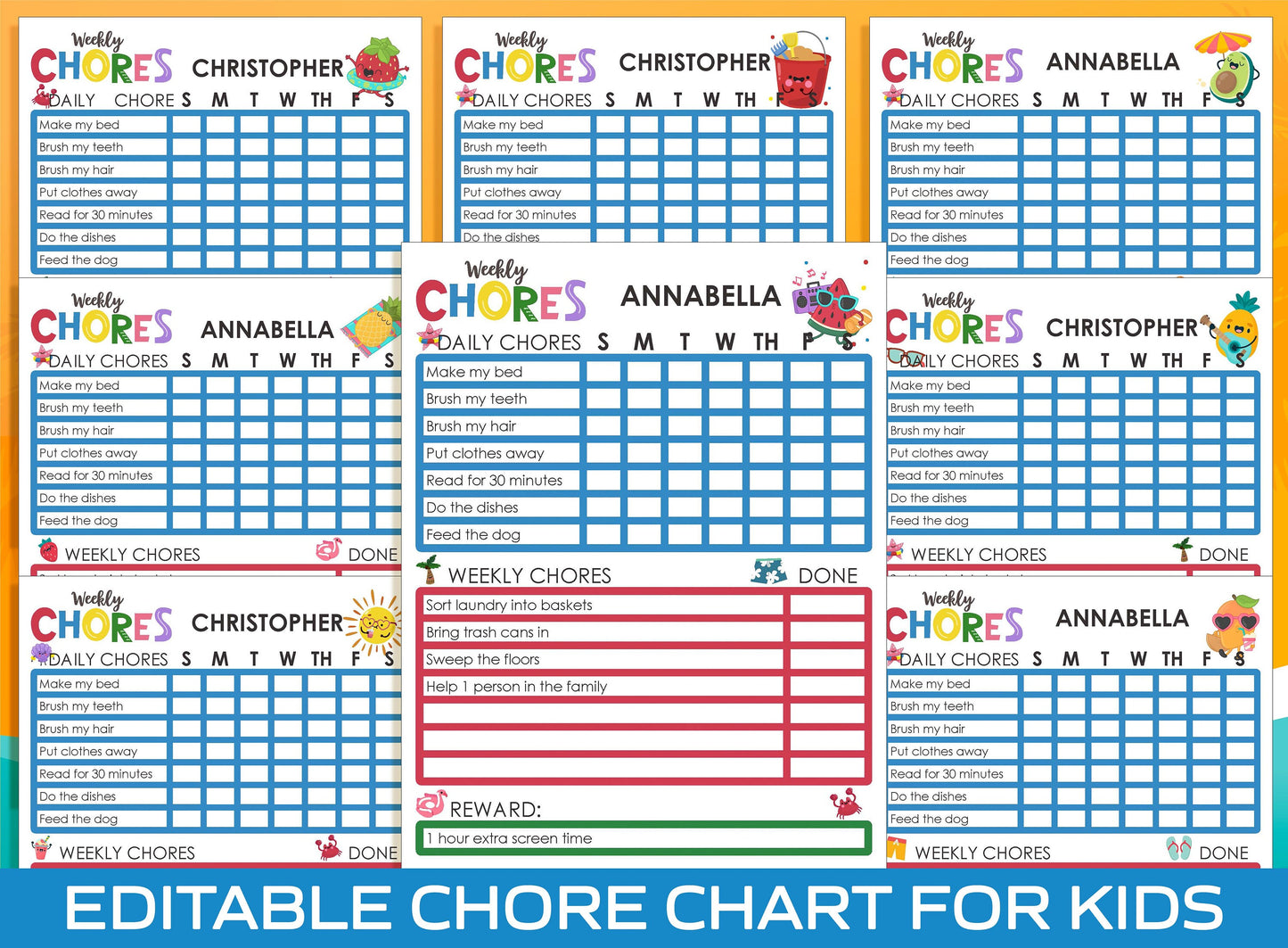Chore Chart for Kids - Summer, Printable/Editable Chore Chart for Kids, Child Responsibility, Boys & Girls To Do List, Reward Chart, Routine