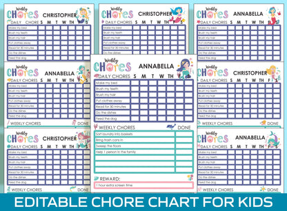 Chore Chart for Kids - Mermaid, Printable/Editable Chore Chart for Kids, Child Responsibility, Boys & Girls To Do List, Reward Chart/Routine