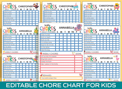 Chore Chart for Kids, Animal Summer Vacation, Printable/Editable Chore Chart for Kids, Responsibility, Boys & Girls To Do List, Reward Chart