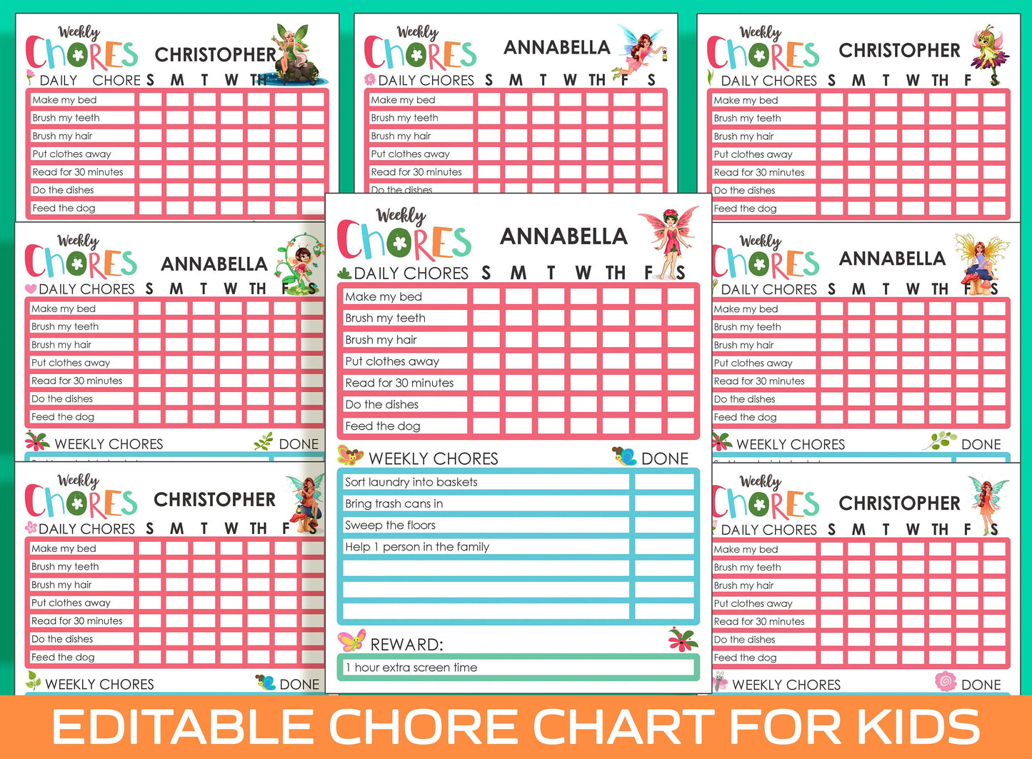 Chore Chart for Kids - Fairy, Printable/Editable Chore Chart for Kids, Responsibility, Boys & Girls To Do List, Reward Chart, Routine