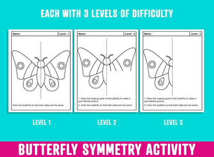 Butterfly Symmetry Activity, Butterflies Line of Symmetry Activity, 24 Pages, 8 Designs, Each With 3 Levels of Difficulty, Math/Art Center