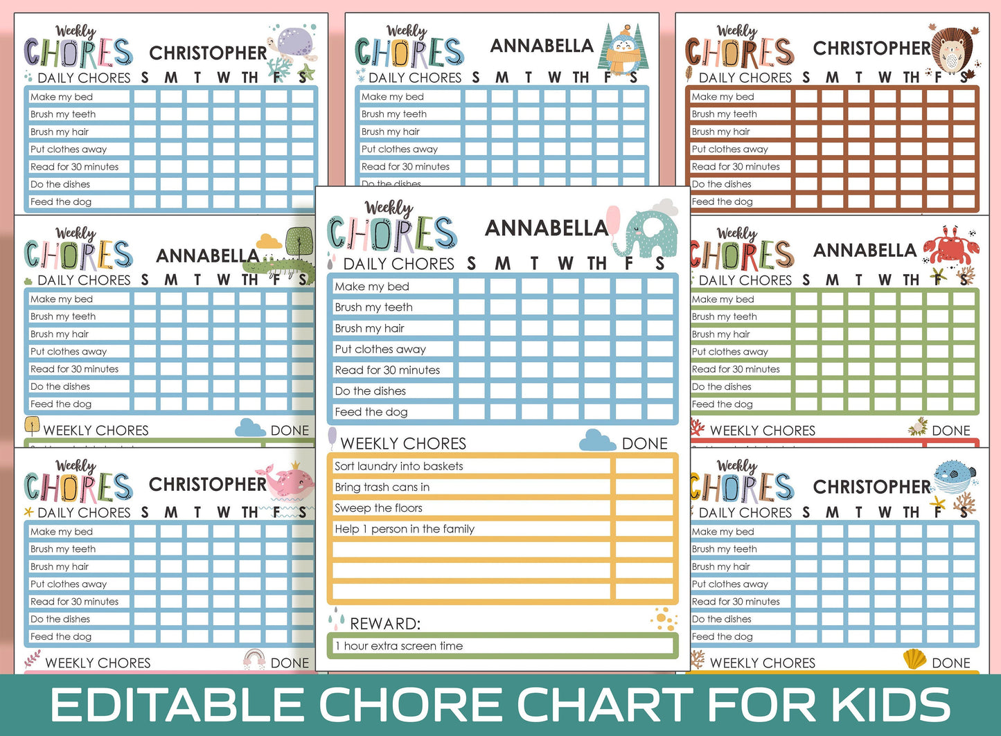 Chore Chart for Kids - Cute Animals, Printable/Editable Chore Chart for Kids, Responsibility, Boys & Girls To Do List, Reward Chart, Routine