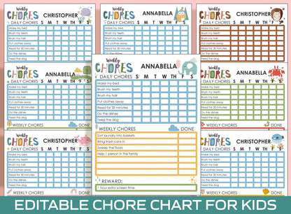 Chore Chart for Kids - Cute Animals, Printable/Editable Chore Chart for Kids, Responsibility, Boys & Girls To Do List, Reward Chart, Routine
