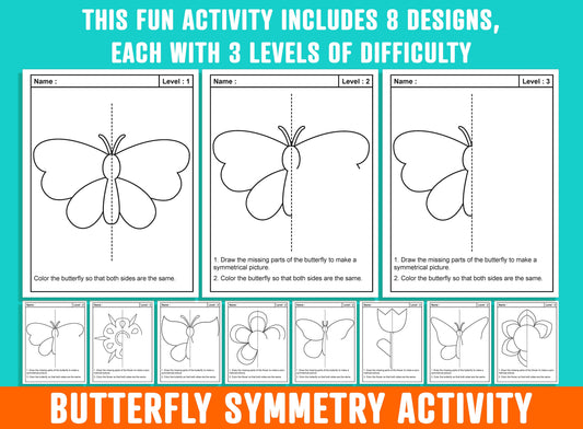 Flowers and Butterflies Line of Symmetry, Spring/Summer Butterfly Symmetry Activity, 24 Pages, 8 Designs, Each With 3 Levels of Difficulty