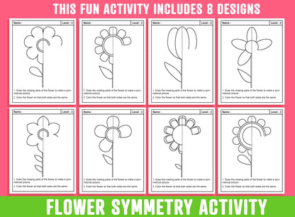 Flower Line of Symmetry, Spring/Summer Flower Symmetry Activity, 24 Pages, 8 Designs, Each With 3 Levels of Difficulty, Math Art Activities