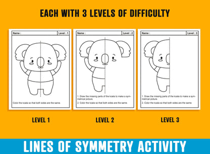 Lines of Symmetry Activity, 24 Pages/8 Designs, Each With 3 Levels of Difficulty, Math Art Activity, Symmetry Drawing and Coloring Activity