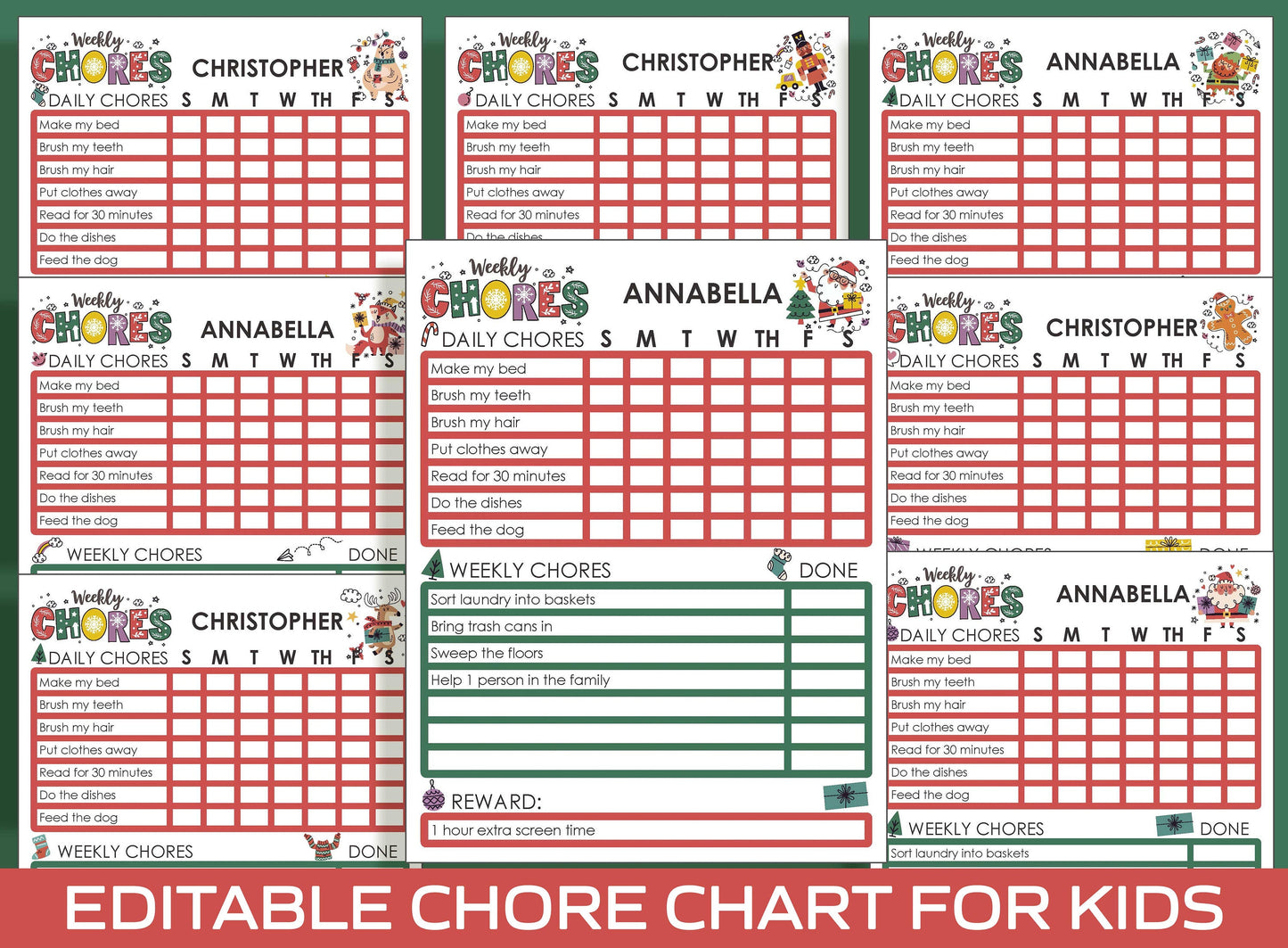 Chore Chart for Kids, Merry Christmas, Printable/Editable Chore Chart for Kids, Responsibility, Boys/Girls To Do List, Reward Chart/Routine