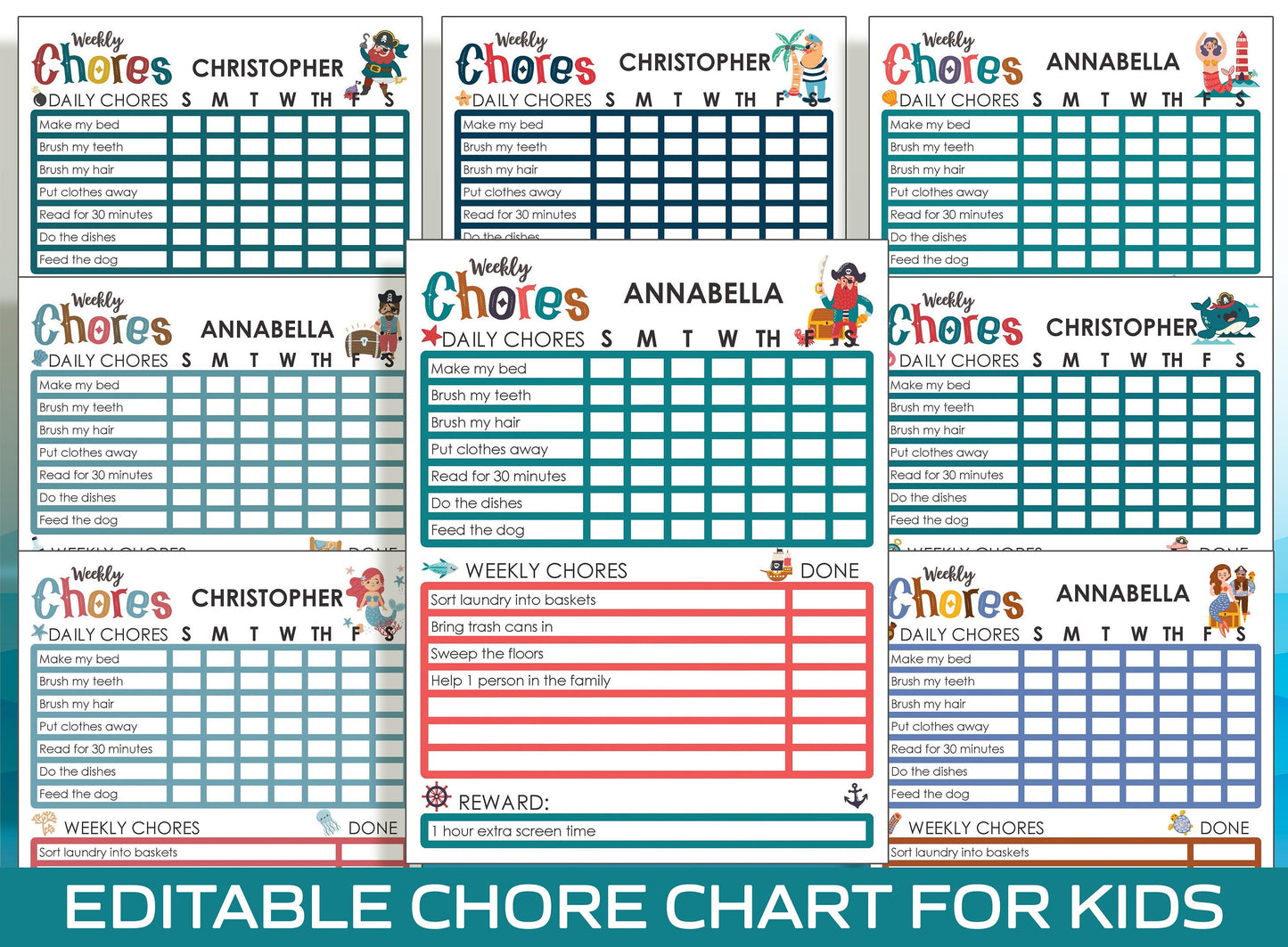Chore Chart for Kids, Marine Life, Printable/Editable Chore Chart for Kids, Responsibility, Boys/Girls To Do List, Reward Chart/Routine, Sea