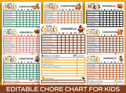 Chore Chart for Kids, Autumn/Fall, Printable/Editable Chore Chart for Kids, Responsibility, Boys/Girls To Do List, Reward Chart/Routine