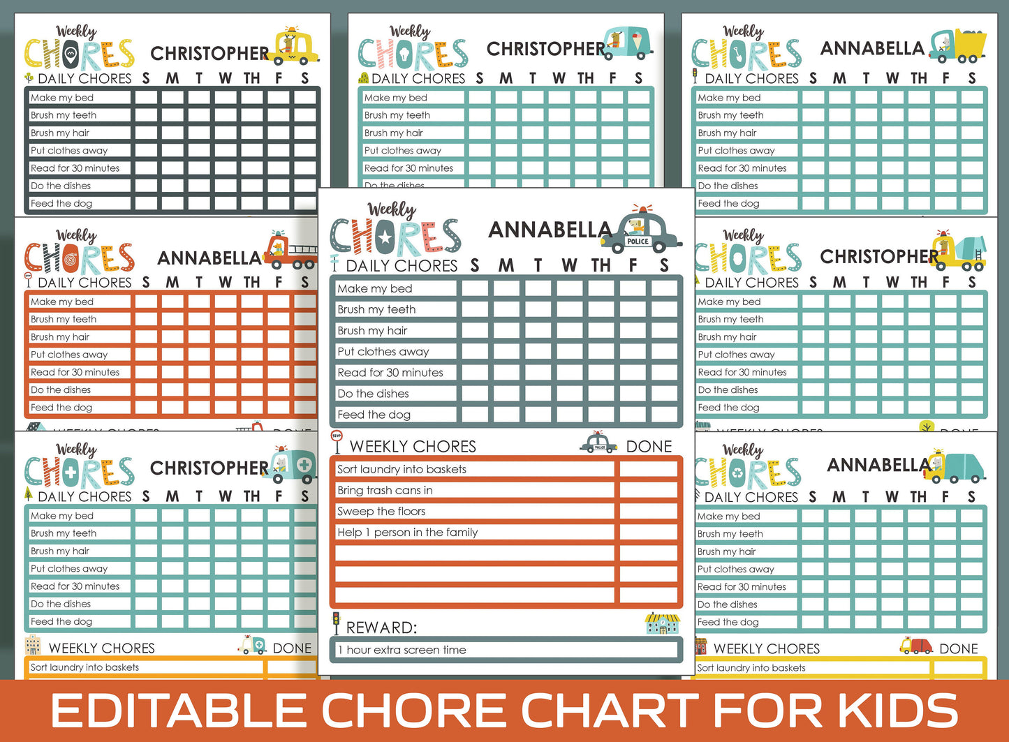 Chore Chart for Kids - Car, Printable/Editable Chore Chart for Kids, Responsibility, Boys/Girls To Do List, Reward Chart/Routine