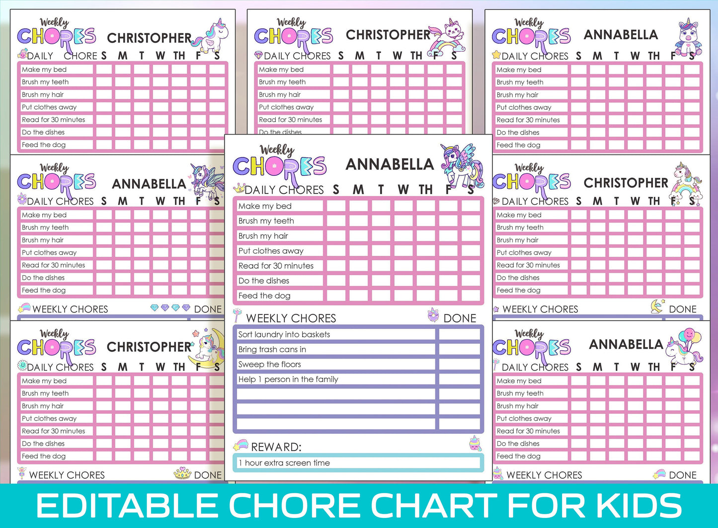 Chore Chart for Kids - Unicorn, Printable/Editable Chore Chart for Kids, Child Responsibility, Boys & Girls To Do List, Reward Chart/Routine
