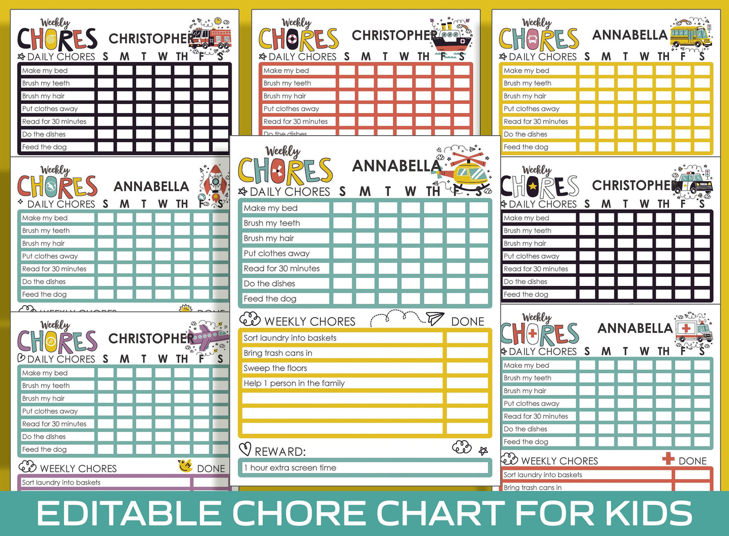 Chore Chart for Kids - Vehicle, Printable/Editable Chore Chart for Kids, Responsibility, Boys/Girls To Do List, Reward Chart/Routine