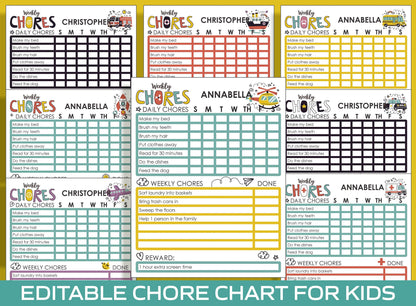 Chore Chart for Kids - Vehicle, Printable/Editable Chore Chart for Kids, Responsibility, Boys/Girls To Do List, Reward Chart/Routine