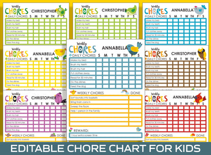Chore Chart for Kids - Bird, Printable/Editable Chore Chart for Kids, Responsibility, Boys/Girls To Do List, Reward Chart/Routine
