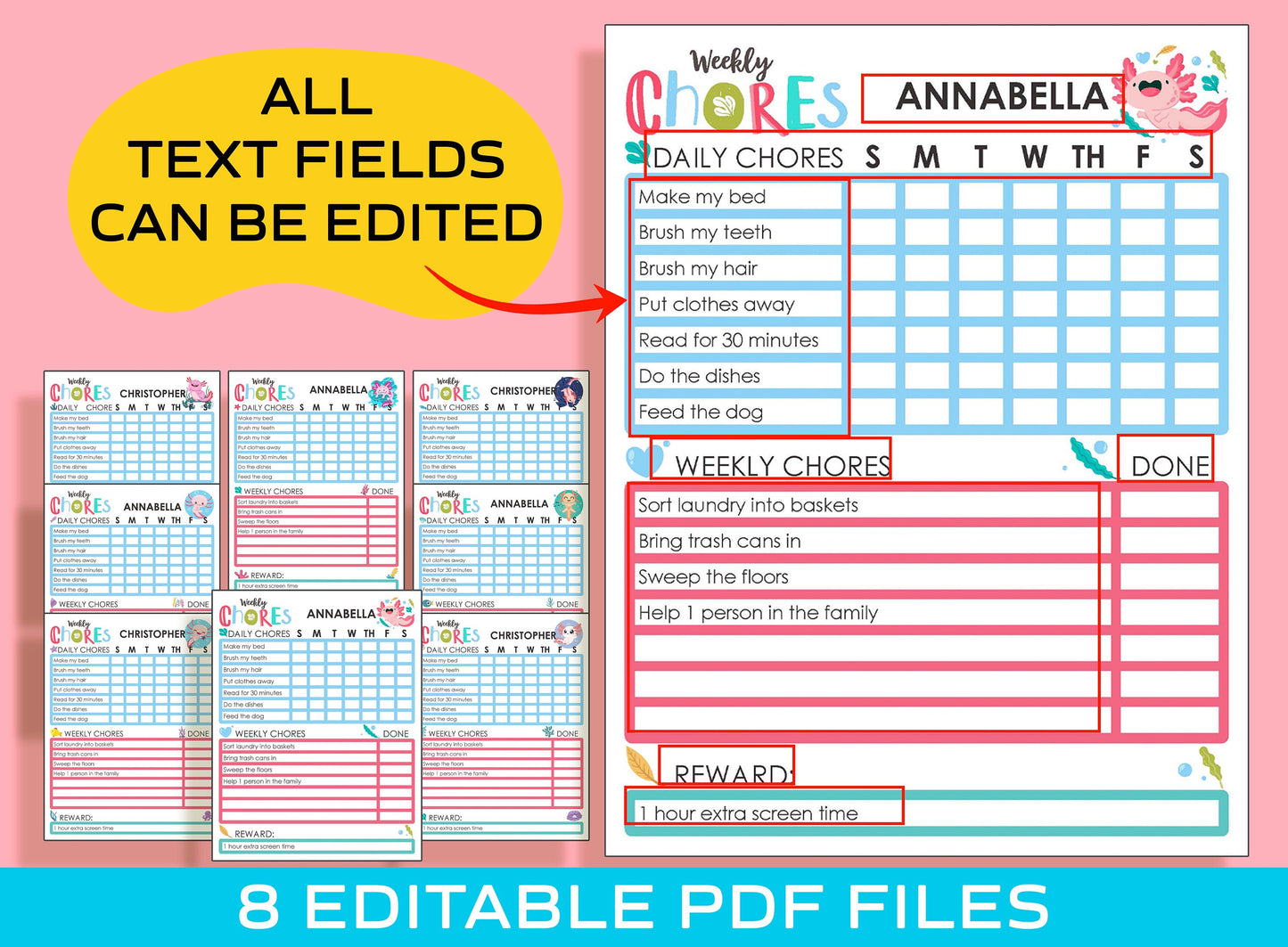 Chore Chart for Kids - Axolotl, Printable/Editable Chore Chart for Kids, Child Responsibility, Boys & Girls To Do List, Reward Chart/Routine